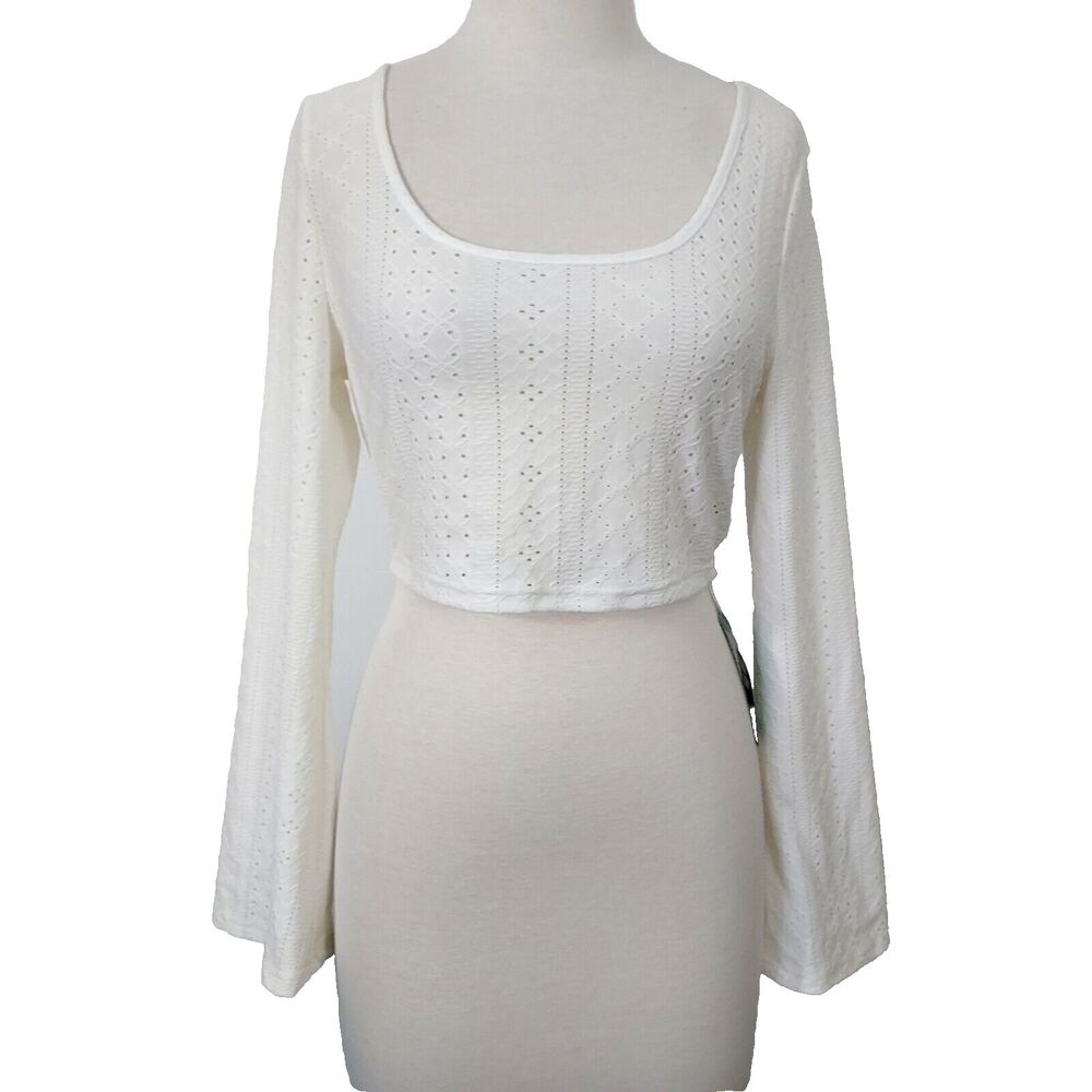 Shein EZwear Crop Shirt Top Large Retro Eyelet Bell Long Bell Sleeves White NWT